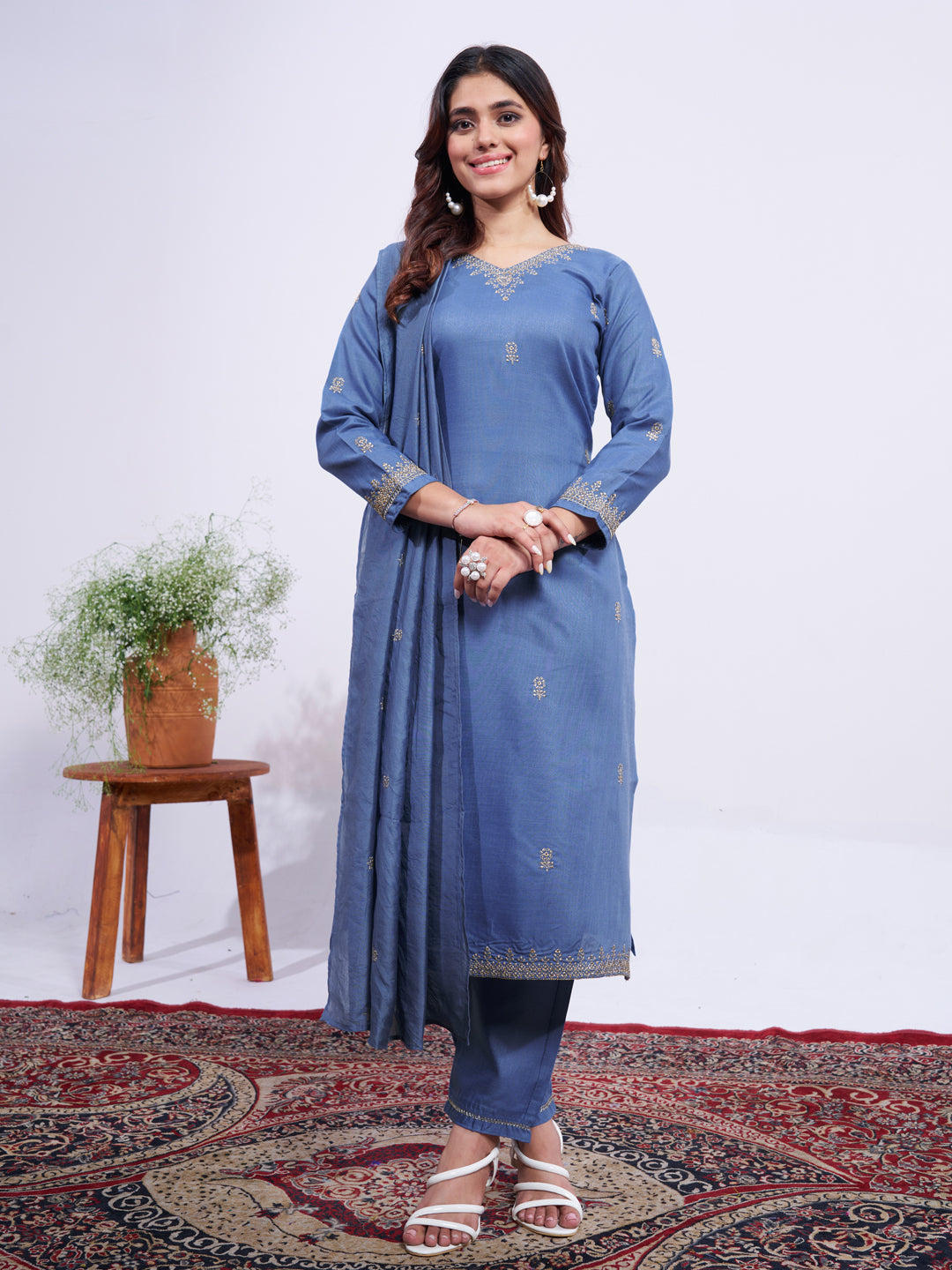 Elegant Denim Blue Embroidered Kurta Set