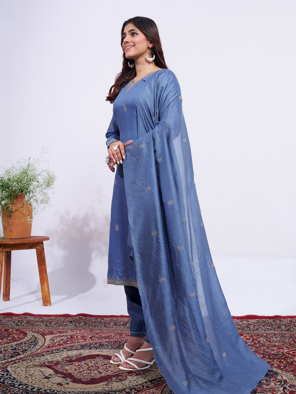 Elegant Denim Blue Embroidered Kurta Set