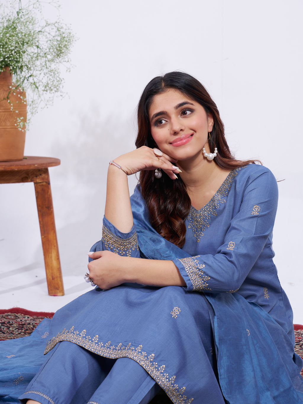 Elegant Denim Blue Embroidered Kurta Set