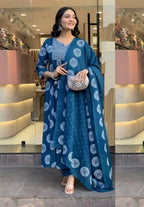 Morpich Blue Embroidered Neck Kurta Set