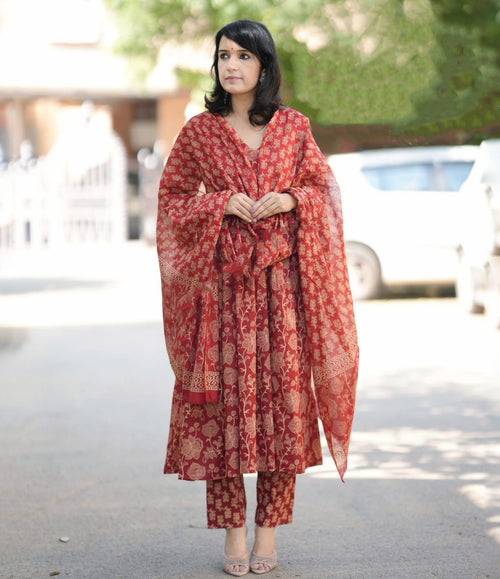 Deep Maroon Traditional Printed Kurta Set