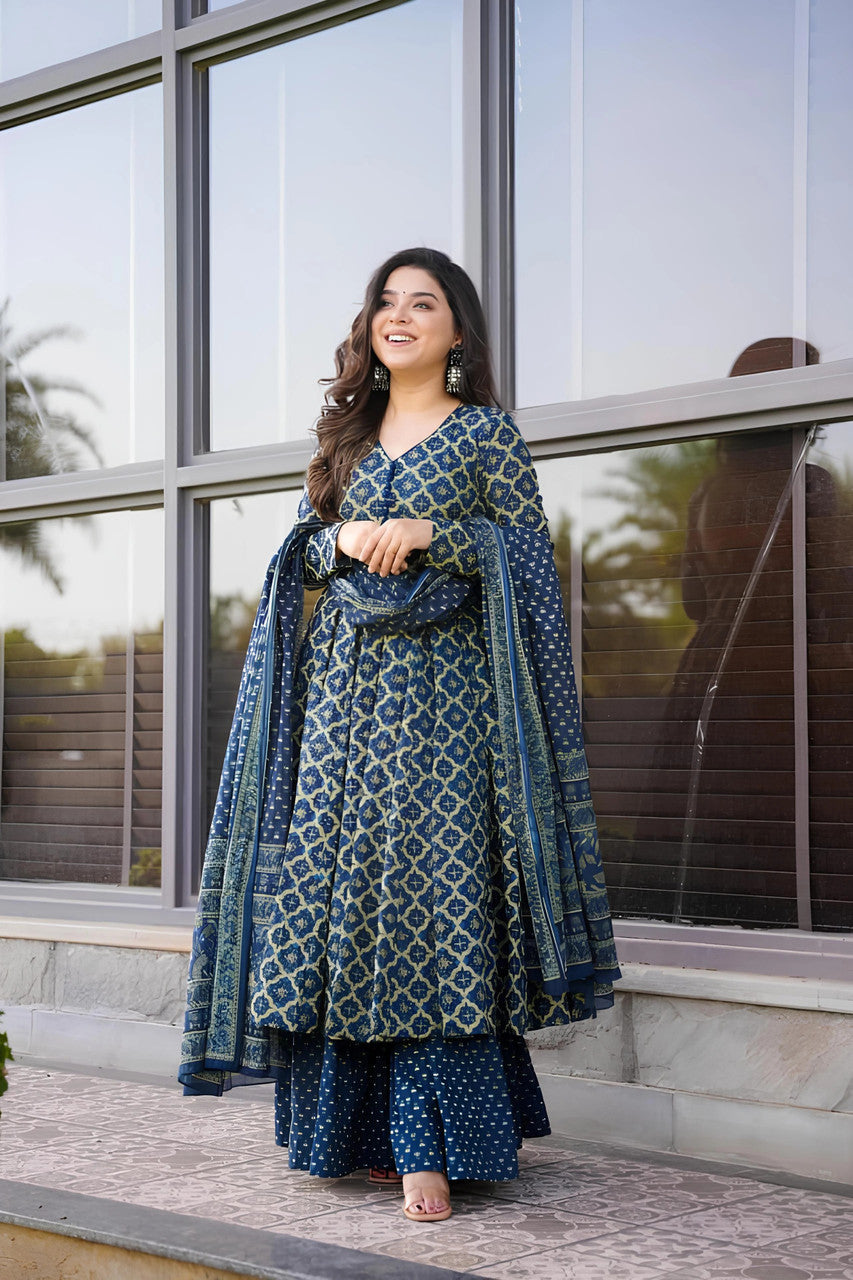 Navy Blue Geometric Print Kurta Set