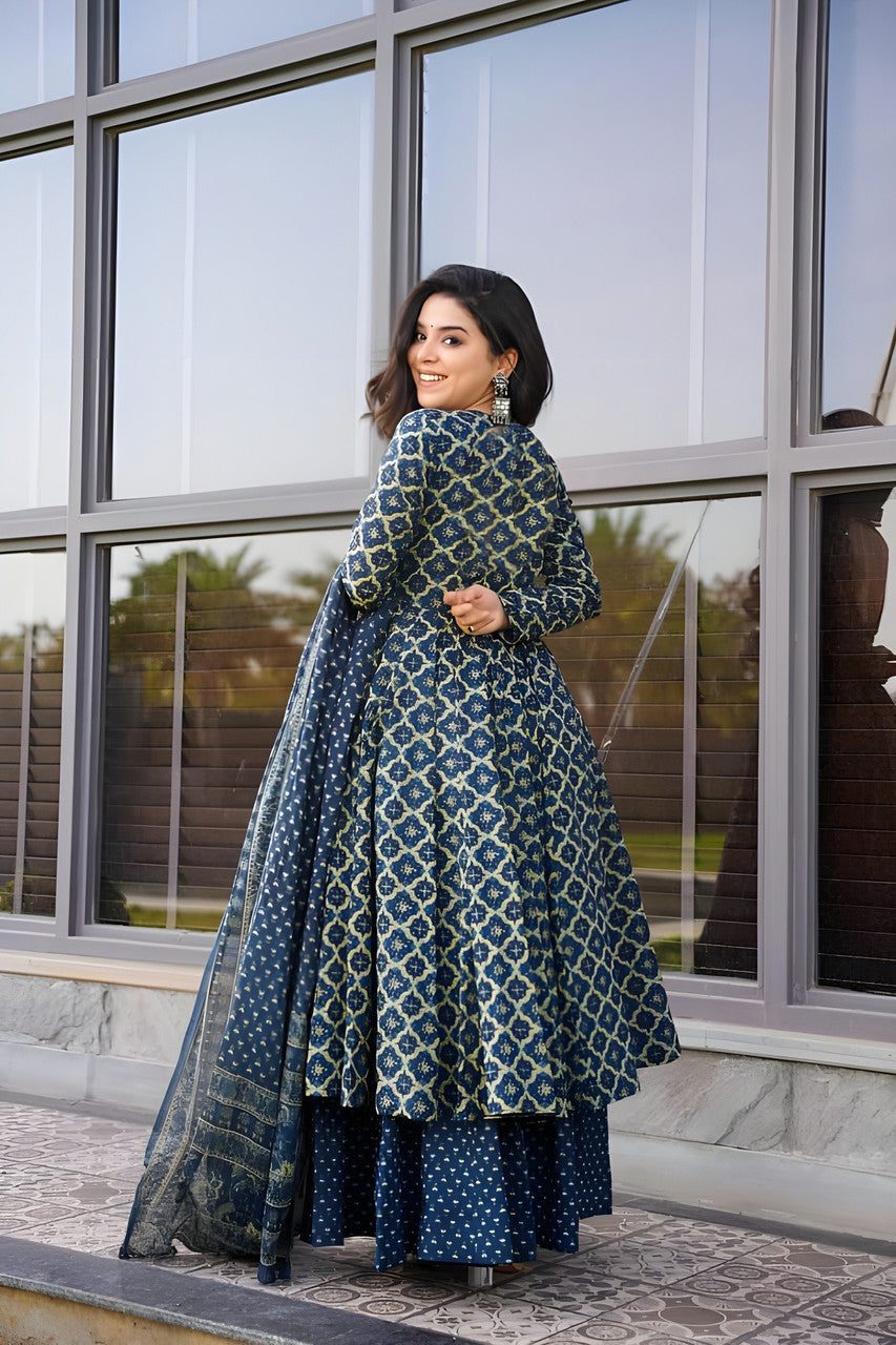 Navy Blue Geometric Print Kurta Set