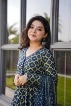 Navy Blue Geometric Print Kurta Set