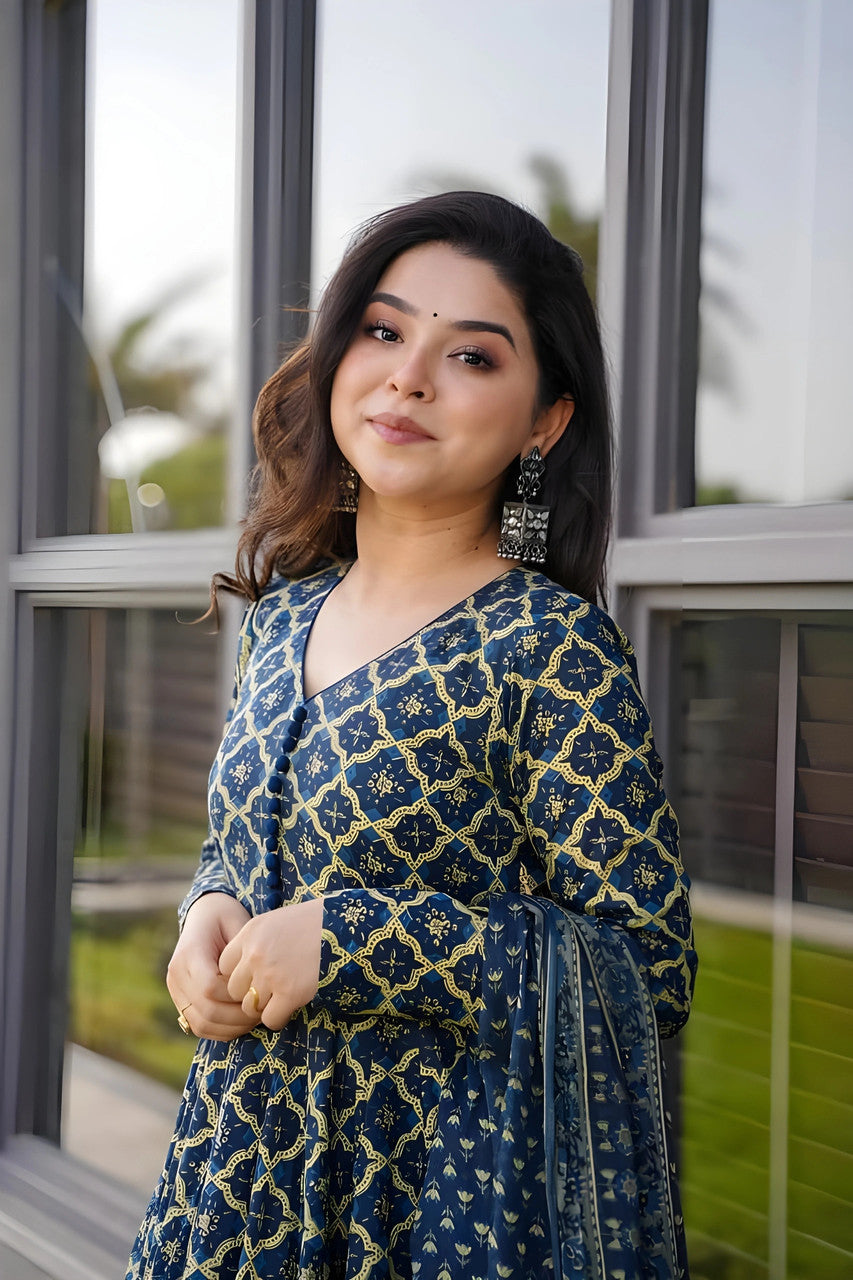 Navy Blue Geometric Print Kurta Set