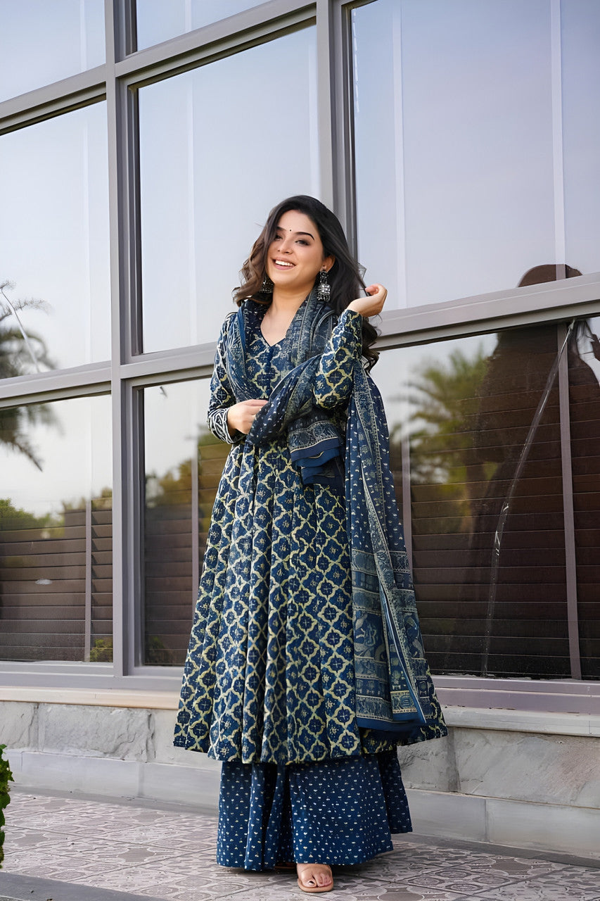 Navy Blue Geometric Print Kurta Set