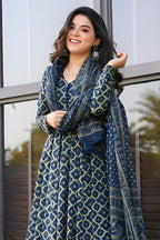 Navy Blue Geometric Print Kurta Set