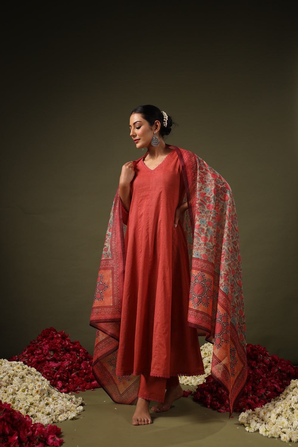 Rust Orange Elegant Printed Kurta Set