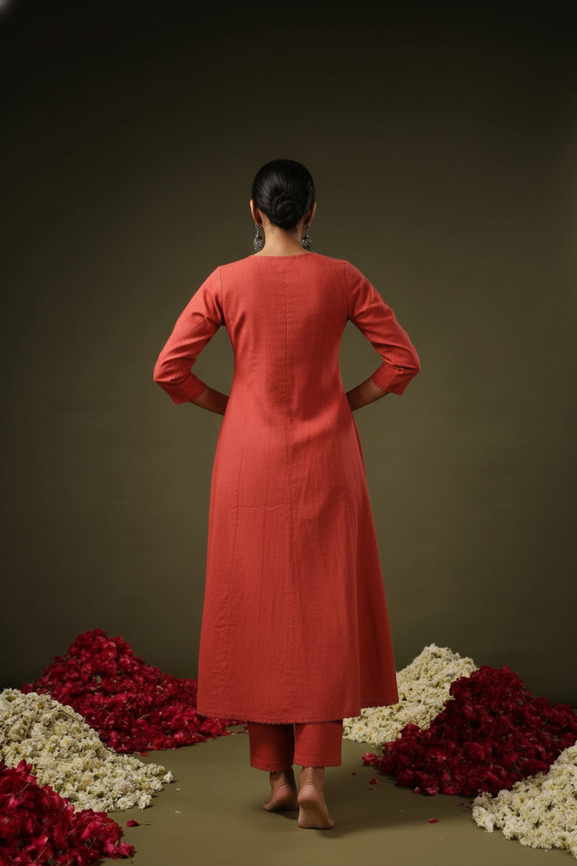 Rust Orange Elegant Printed Kurta Set