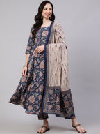 Royal Navy Blue Designer Printed Kurta Set
