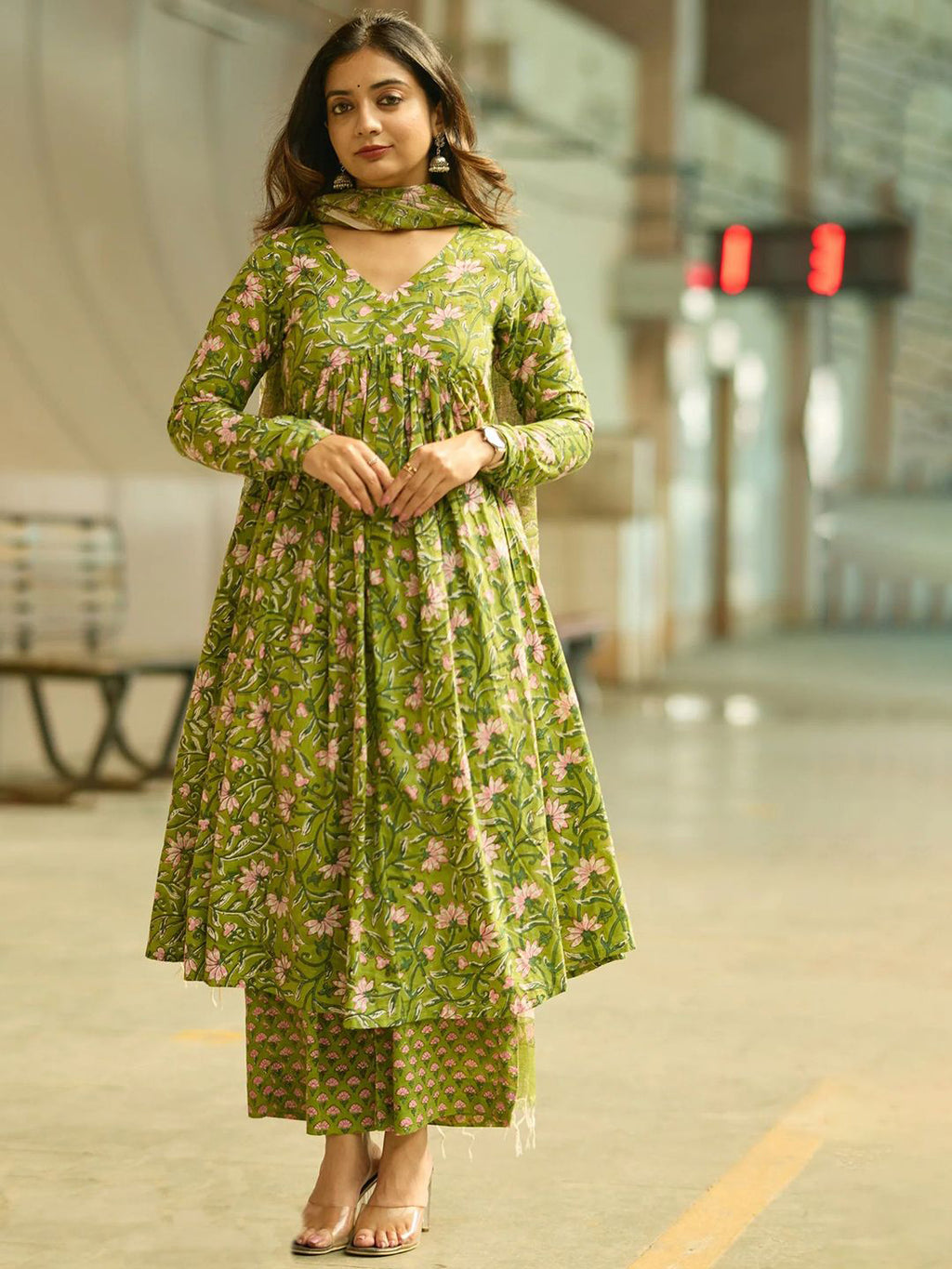 Fresh Parrot Green Floral Kurta Set