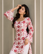 Pink Floral Cotton Kurti with Bell Sleeves