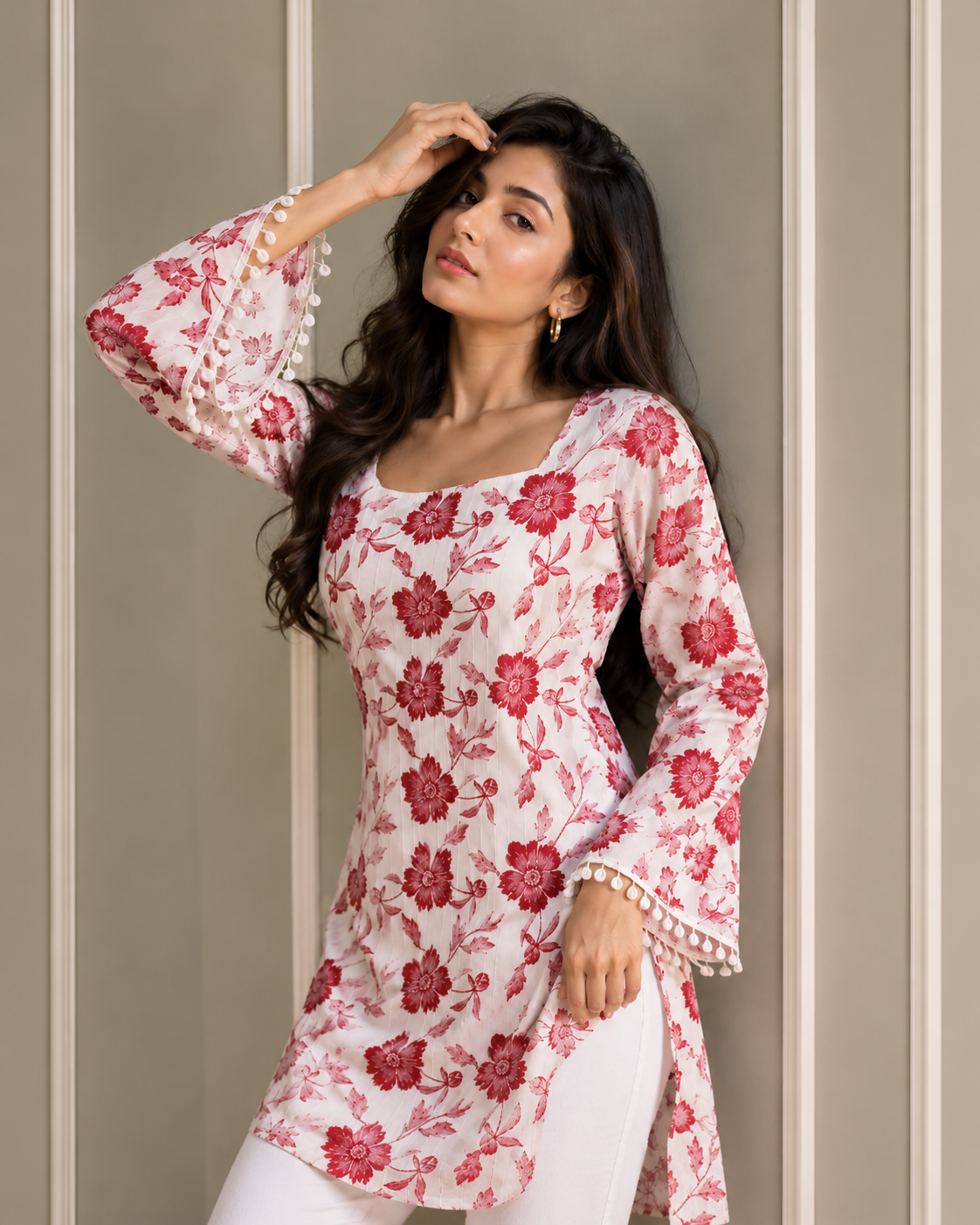 Pink Floral Cotton Kurti with Bell Sleeves
