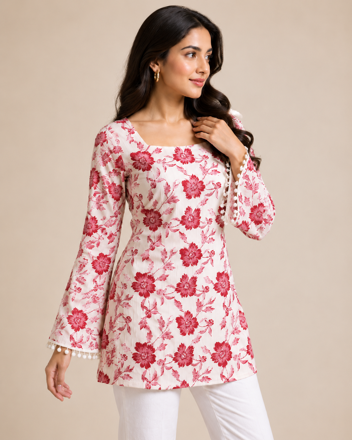 Pink Floral Cotton Kurti with Bell Sleeves