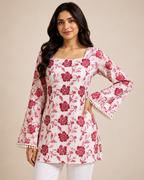 Pink Floral Cotton Kurti with Bell Sleeves