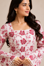 Pink Floral Cotton Kurti with Bell Sleeves