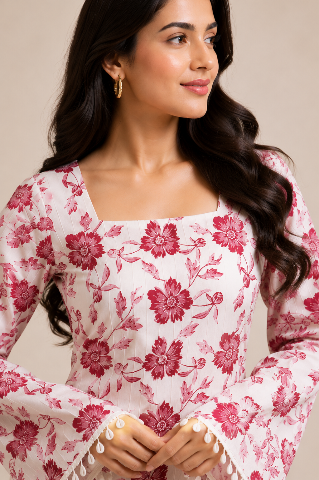 Pink Floral Cotton Kurti with Bell Sleeves