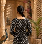 Black Floral Printed Cotton Kurti with Square Neck