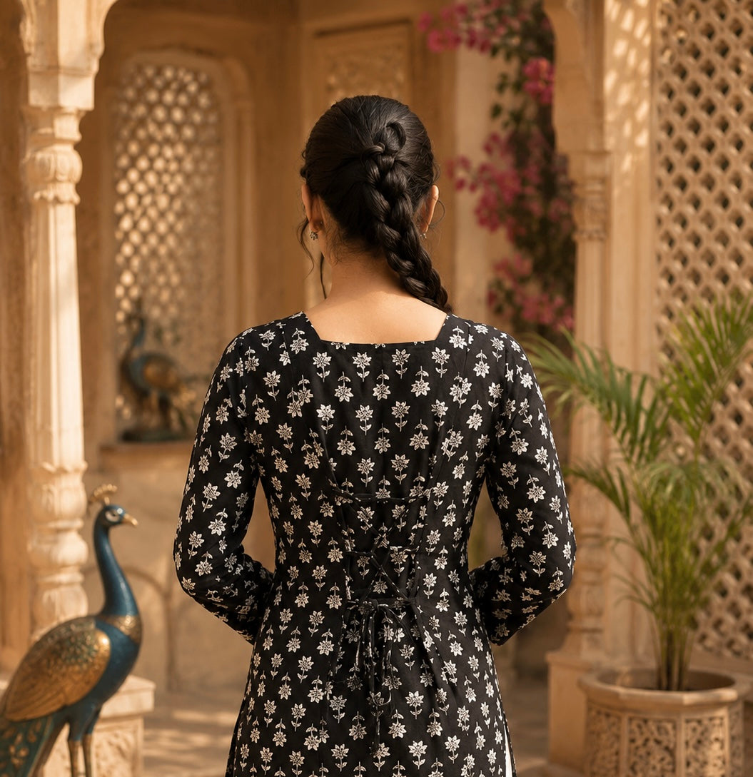 Black Floral Printed Cotton Kurti with Square Neck