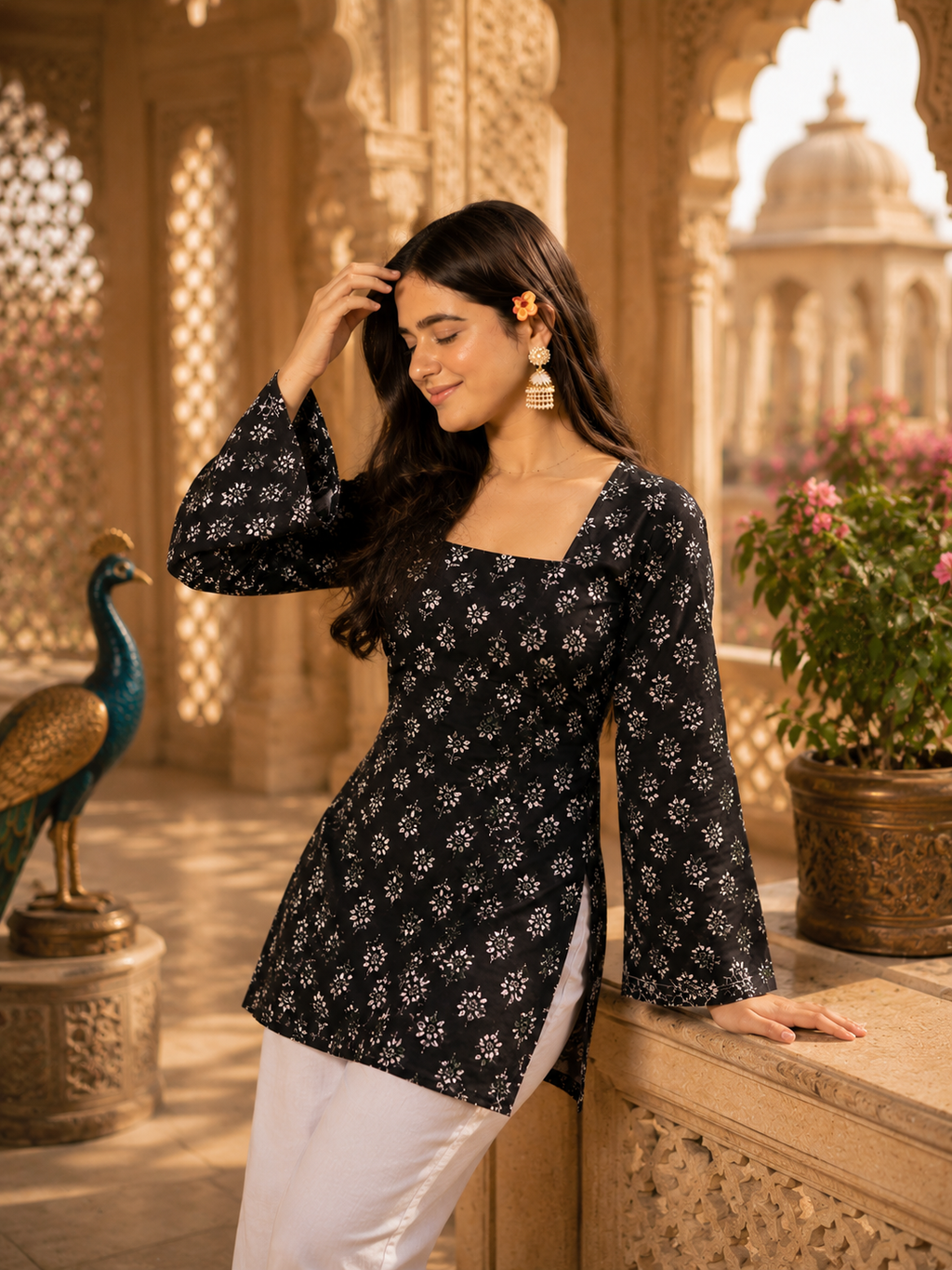 Black Floral Printed Cotton Kurti with Square Neck