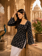 Black Floral Printed Cotton Kurti with Square Neck