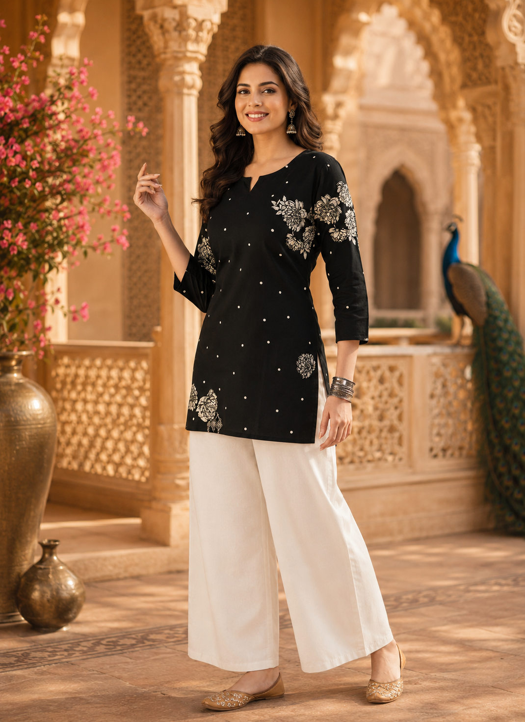 Black Floral Printed Cotton Kurta for Women