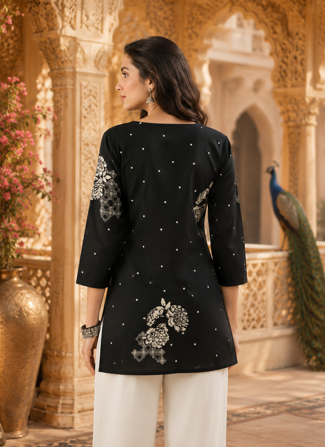 Black Floral Printed Cotton Kurta for Women