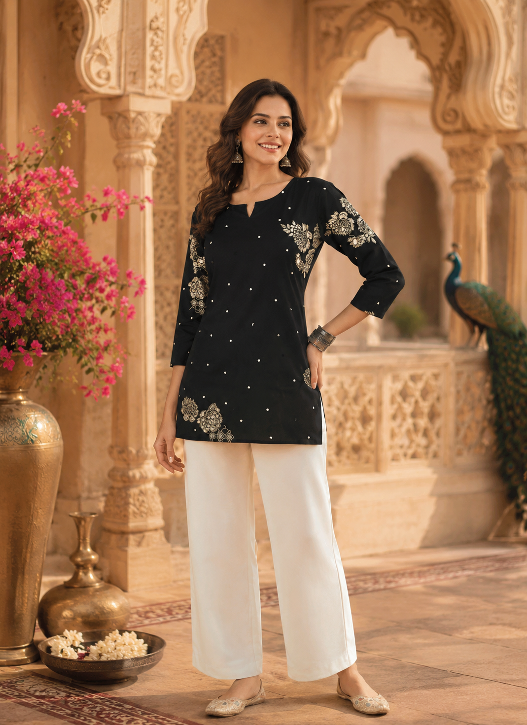 Black Floral Printed Cotton Kurta for Women