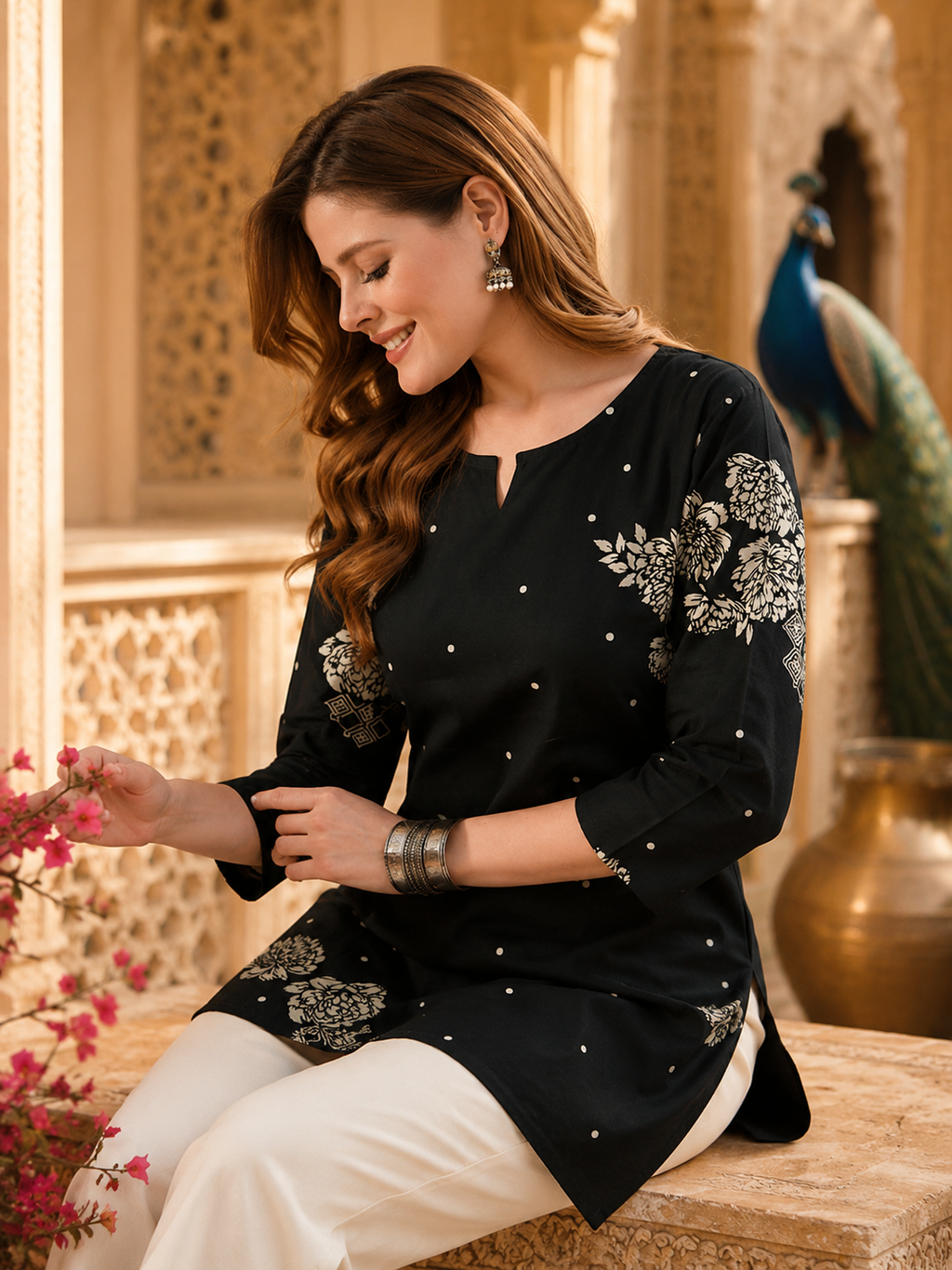 Black Floral Printed Cotton Kurta for Women